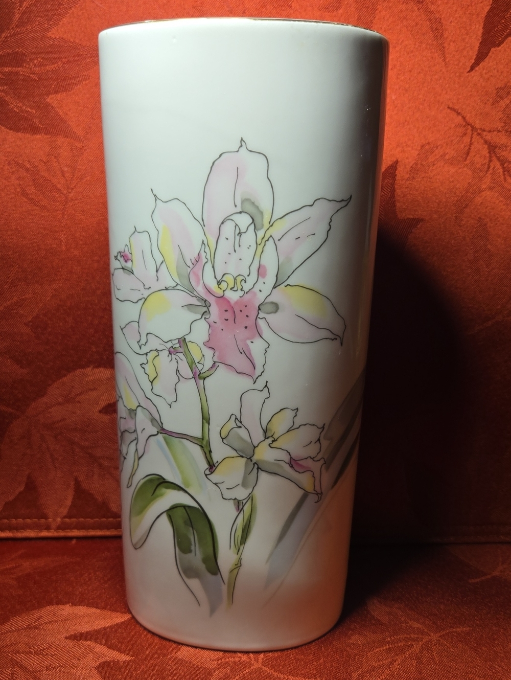 Porcelain Floral Cylinder Vase - White with Pink and Green Orchid Design